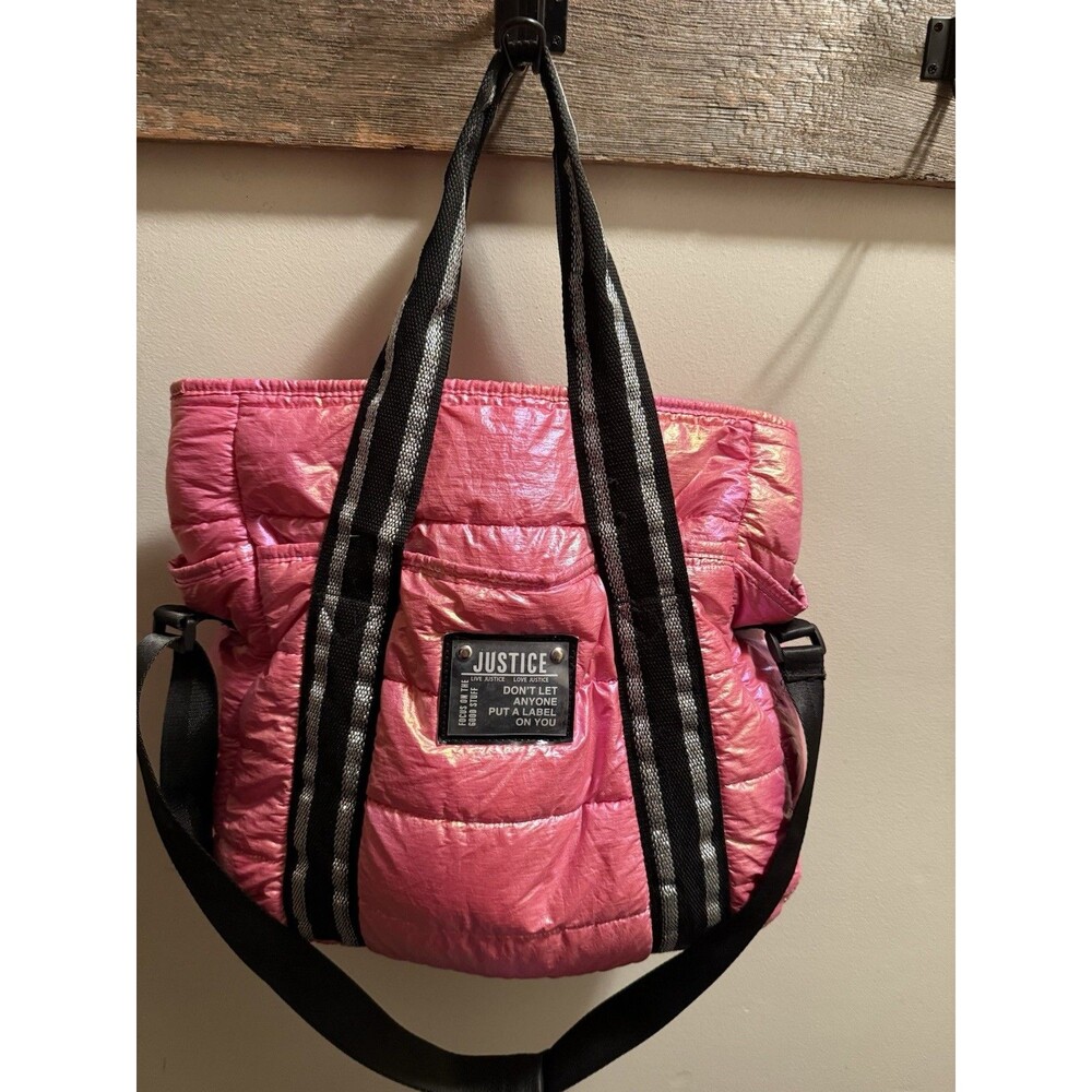 Justice Shiny Pink Quilted Tote with Black & Silver Straps EUC